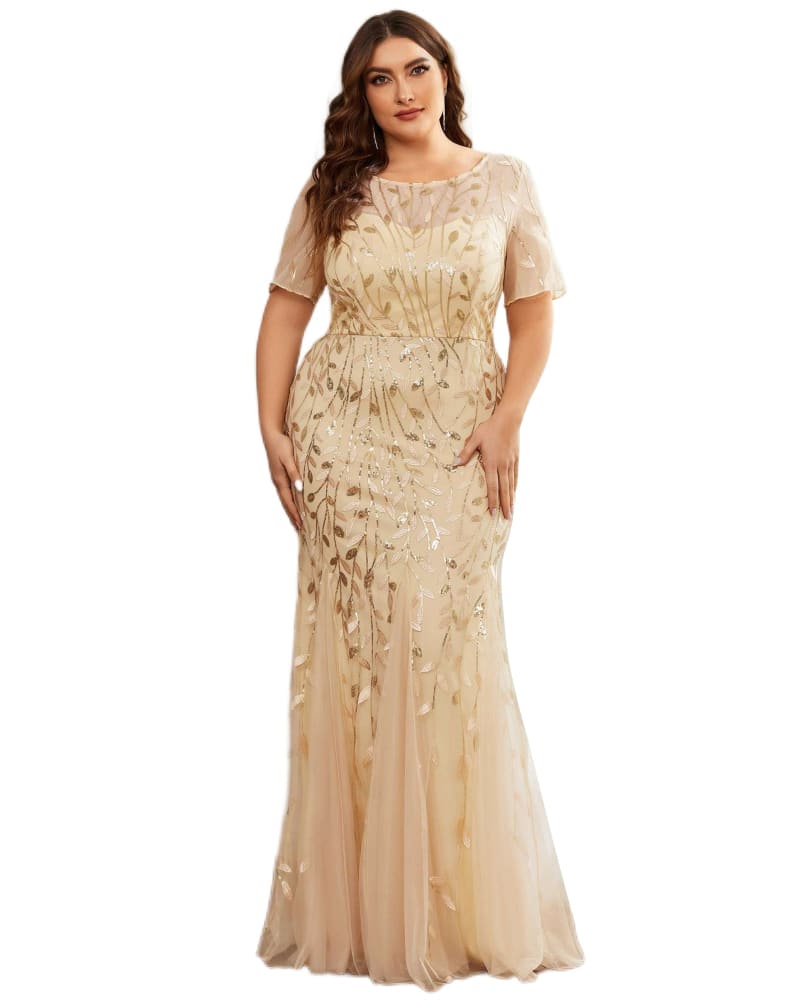 Front of a model wearing a size 24 Floral Sequin Mermaid Tulle Evening Dress in Gold by Ever-Pretty. | dia_product_style_image_id:284677